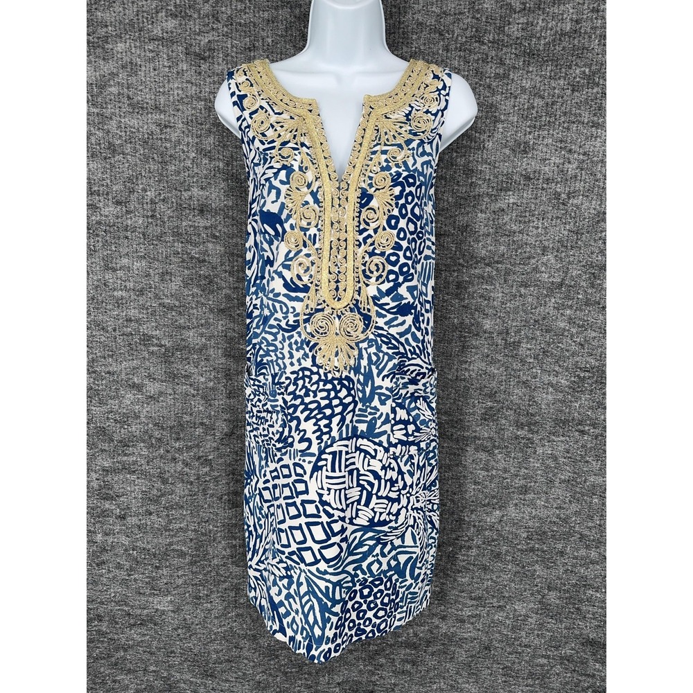 Lilly Pulitzer Dress Womens 8 Blue Embroidered V Neck Shift Sleeveless Pockets